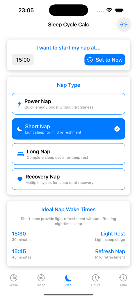 Interfaccia dell'app Sleep Cycle Calc che mostra la selezione del tipo di pisolino, inclusi Power Nap e Short Nap, con orari di risveglio ideali.
