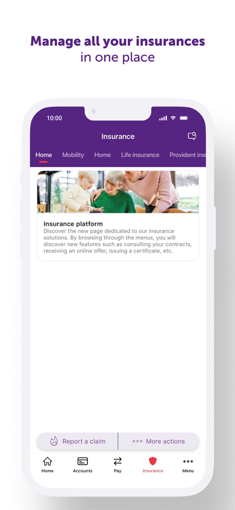 Interface of Beobank Mobile app showing insurance management features and a button to report a claim