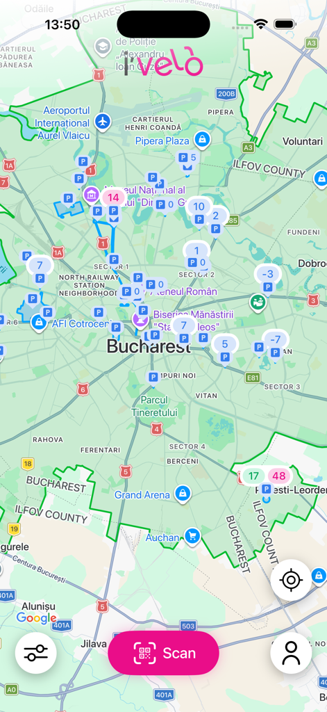 Oberfläche der i'velo Bike-Sharing-App, die eine Karte von Bukarest mit Markierungen für Fahrradstationen und einer auffälligen rosa Scan-Schaltfläche anzeigt.