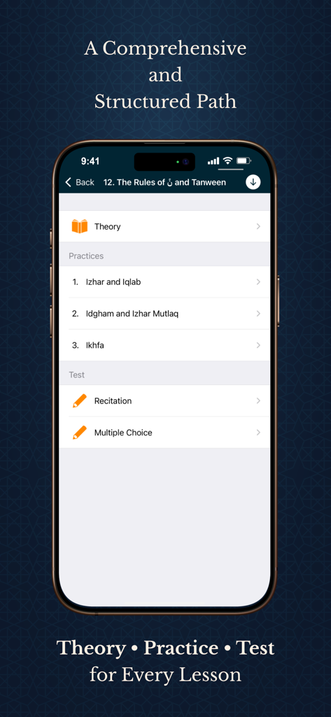 Learn Quran Tajwid - Una pantalla de teléfono inteligente que muestra el camino de aprendizaje estructurado para una lección en la aplicación Aprende Corán Tajwid, incluyendo secciones de teoría, práctica y examen.