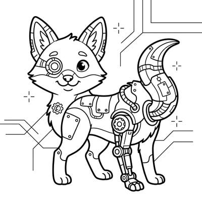 Dive into the future with this adorable animal cyborg coloring page, perfect for young artists aged 4-8. This friendly robo-fox combines cute animal charm with cool mechanical details for a unique coloring experience.