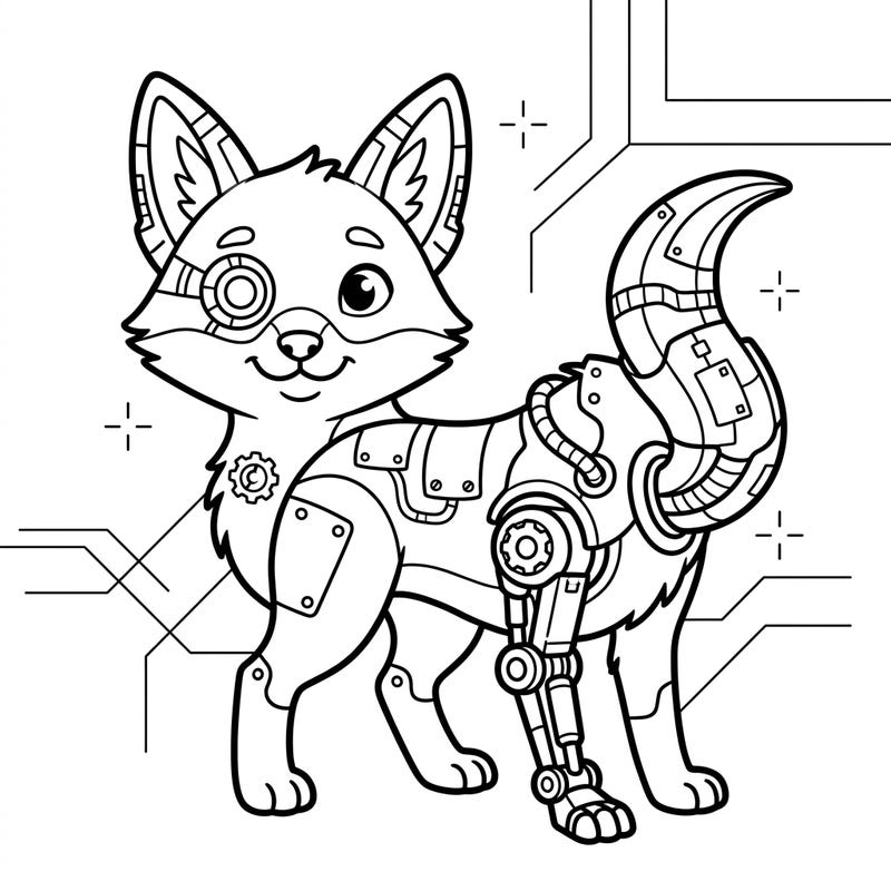 Dive into the future with this adorable animal cyborg coloring page, perfect for young artists aged 4-8. This friendly robo-fox combines cute animal charm with cool mechanical details for a unique coloring experience.