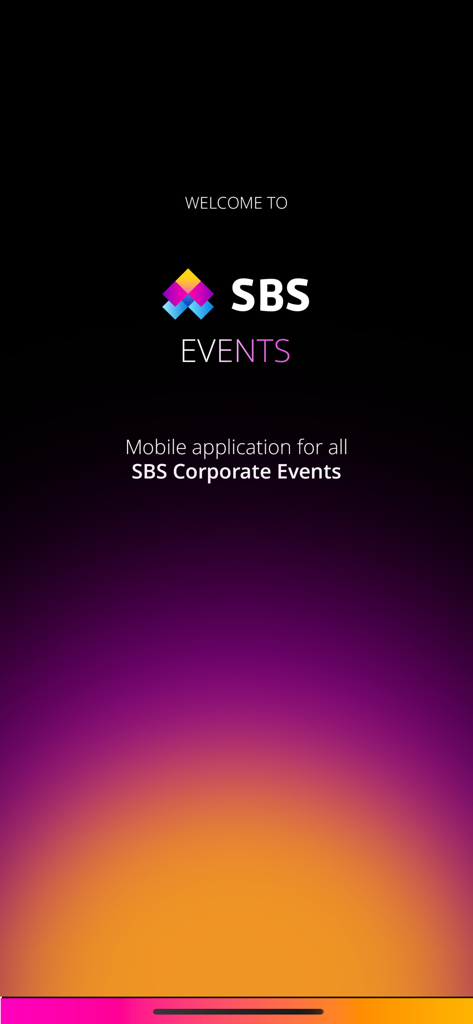 SBS Events - Willkommensbildschirm der SBS Events-App für Firmenveranstaltungen
