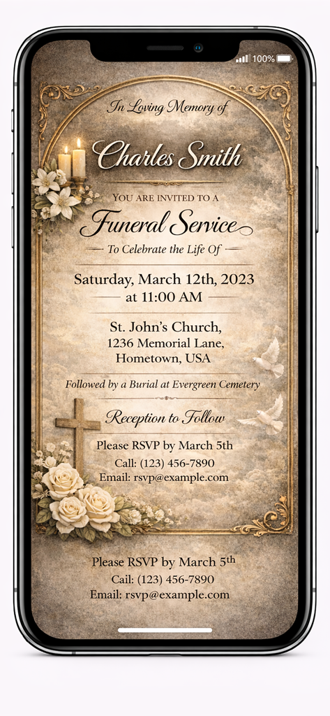 Elegant funeral service invitation template with roses and gold accents