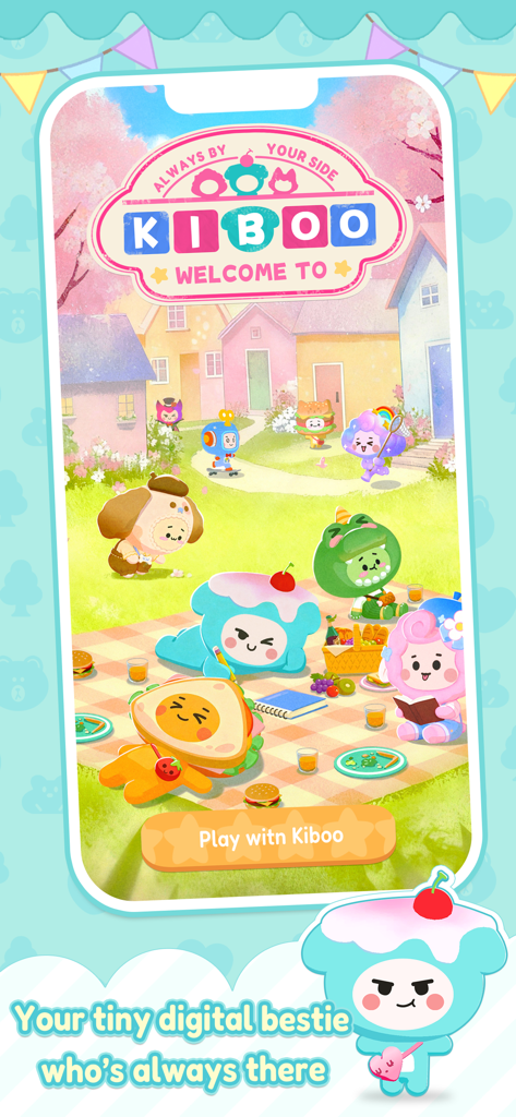 Kiboo characters having a picnic in a cozy cartoon village