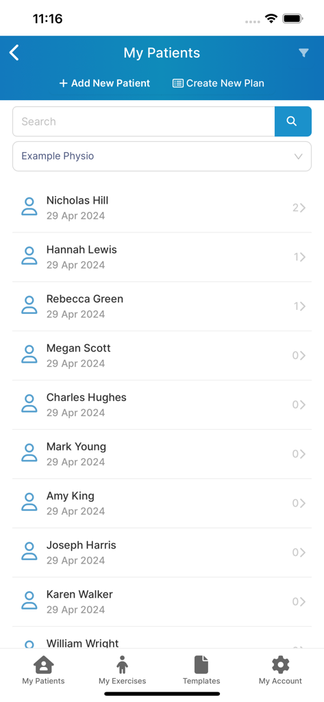 Rehab My Patient - The My Patients screen in the Rehab My Patient app showing a list of patient names and therapy session dates.