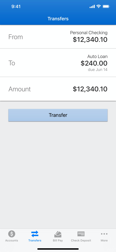 Pantalla de la aplicación People First FCU para transferir dinero de una cuenta corriente a una cuenta de préstamo.