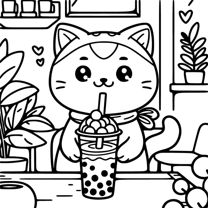 a cat drinking boba tea at a cafe