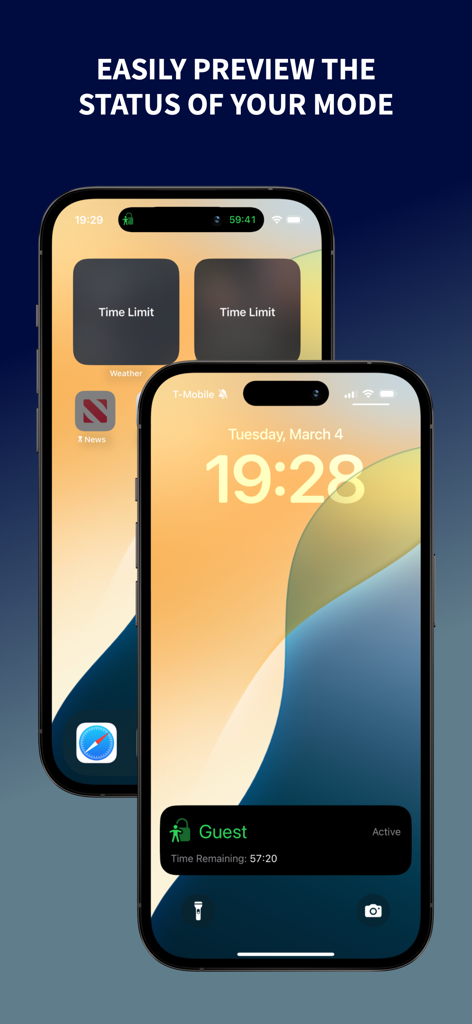 Guest Mode: Lock Apps - iPhone lock screen and home screen showing Guest Mode active status and time limit widgets.