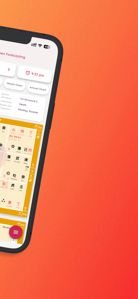 Intuchi app interface displaying a detailed Qi Men Dun Jia forecasting chart and metaphysical structural data.