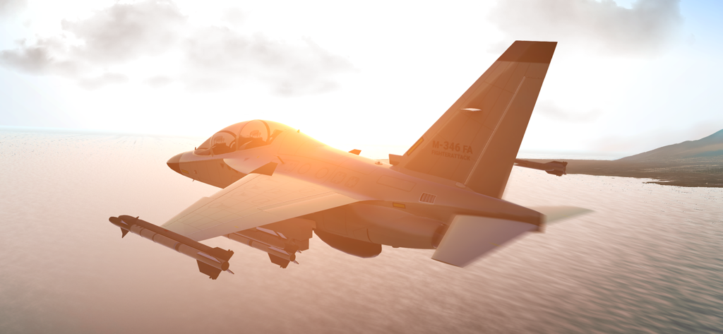 RCS - Real Combat Simulator - Caza M-346FA Master volando sobre el agua al atardecer
