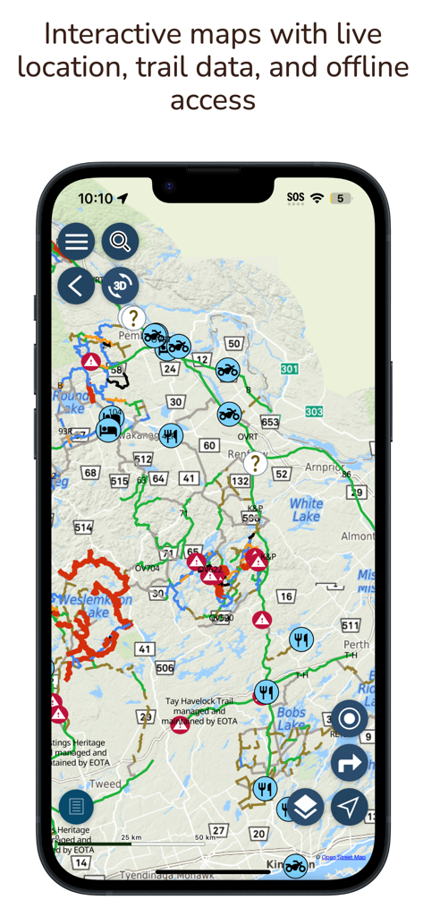 Interactive QuadON ATV trail map with GPS location and nearby services icons