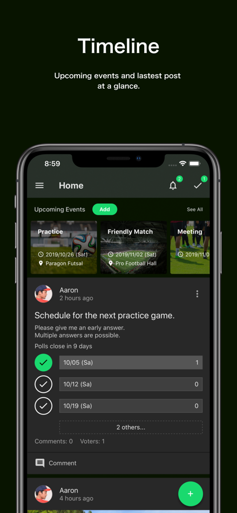 TeamHub - Manage Sports Teams - Timeline view of TeamHub app showing upcoming sports events and a team scheduling poll