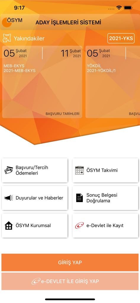 ÖSYM Aday İşlemleri Sistemi - Tela inicial do aplicativo móvel OSYM Aday Islemleri Sistemi mostrando as datas dos exames e o menu de navegação