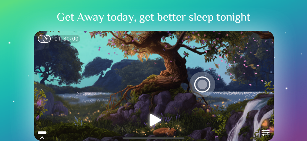 Serene night forest scene with a waterfall and sleeping fox in the Away nature sounds app interface