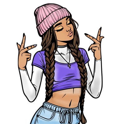 realistic teenage girl with braids and a beanie and crop top doing 🫶🏼