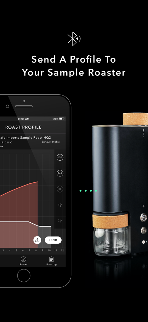 IKAWA Pro - Smartphone screen showing a coffee roast profile graph syncing with an IKAWA sample roaster via Bluetooth