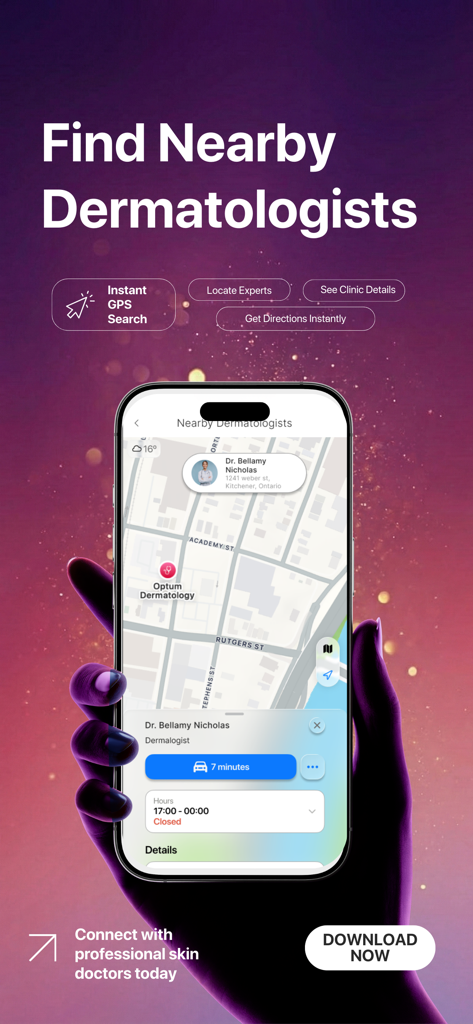 A smartphone showing a map interface within the Smart Beauty app to locate and connect with nearby dermatologists.