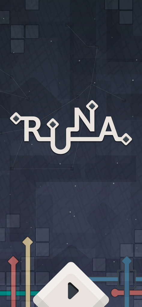 Pantalla de título minimalista para el juego de puzzles de RUNA con fondo celestial y botón de jugar