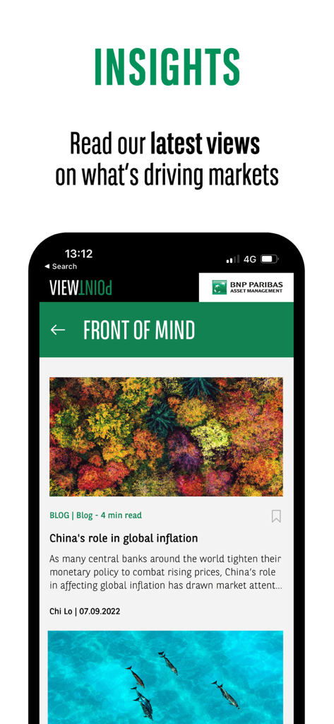 Viewpoint by BNP Paribas app displaying market insights and financial blog articles