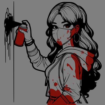 realistic girl with mask spray painting a wall