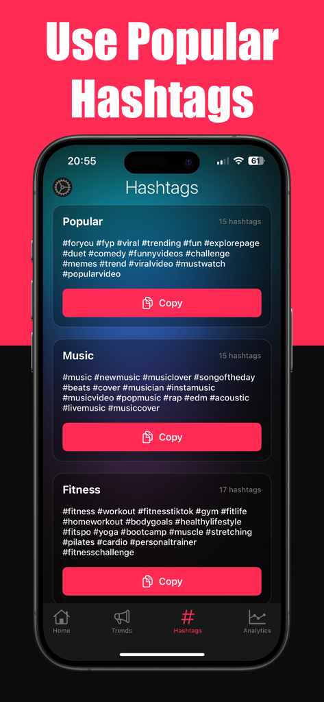 TikSaver: Tik Video Saver - TikSaver App-Oberfläche, die beliebte und trendige Hashtags zeigt, kategorisiert nach Themen wie Musik und Fitness