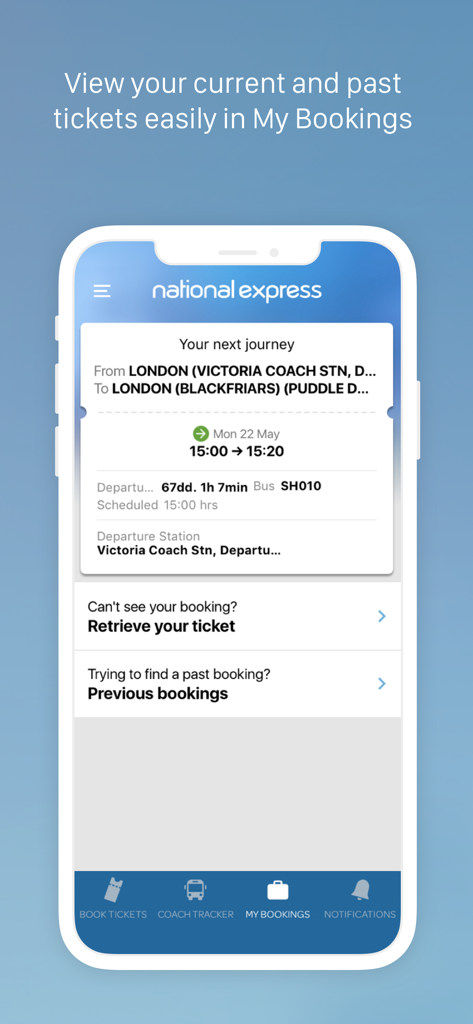 L'écran « Mes réservations » de l'application National Express Coach affiche les détails du voyage et du billet.