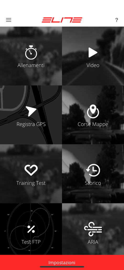 myETraining - Main dashboard of the myETraining app by Elite featuring training and GPS tracking icons
