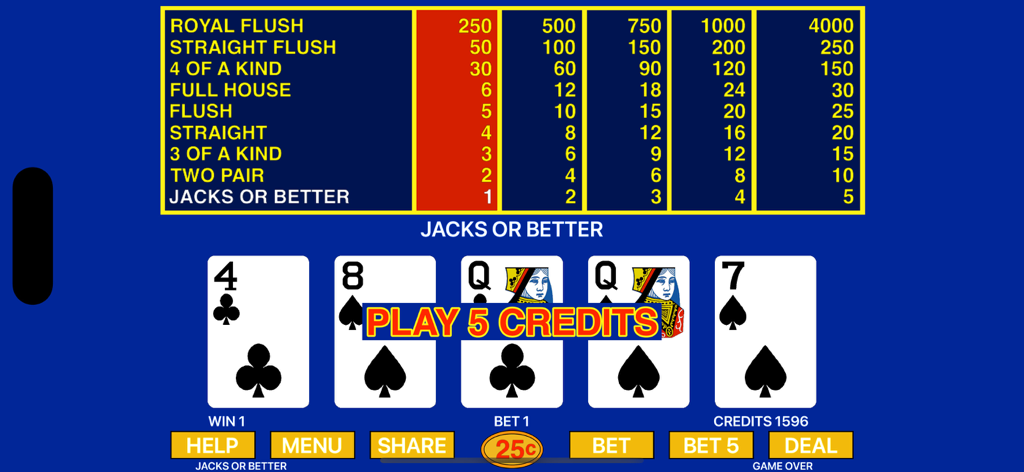 ペイテーブルとクイーンのペアを示すカードの手が表示されたジャックオアベタービデオポーカーのゲームプレイ画面。