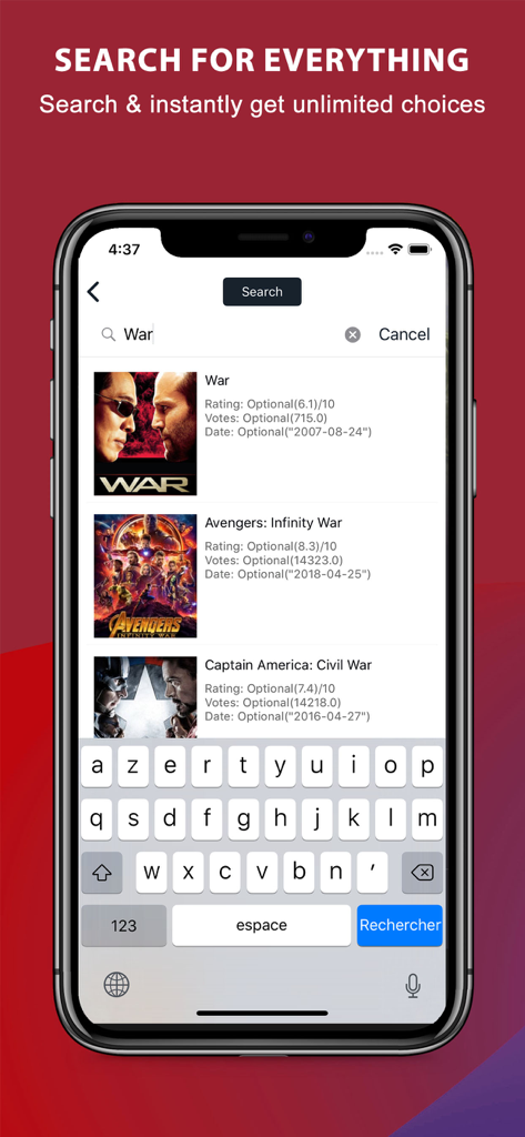 Tea TV app search screen showing movie results for War and Avengers Infinity War with a mobile keyboard