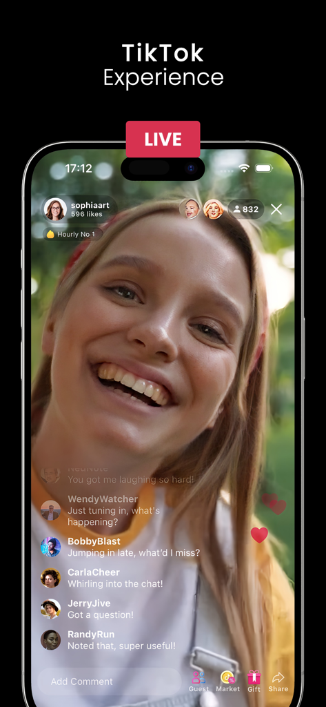 Famefun: Influencer Experience - A screenshot of the Famefun app showing a simulated live streaming interface with AI audience chat and viewer counts