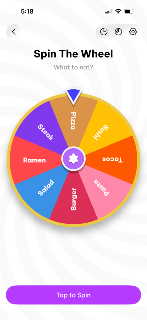 Decision - Spin Wheel - Interface of a colorful decision wheel app showing various food options to help decide what to eat.