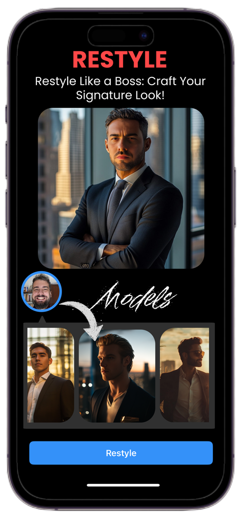 FakeMe: Face Swap AI Photo App - Interfaz de la aplicación móvil FakeMe que muestra una función de cambio de rostro con IA para crear retratos profesionales de negocios.