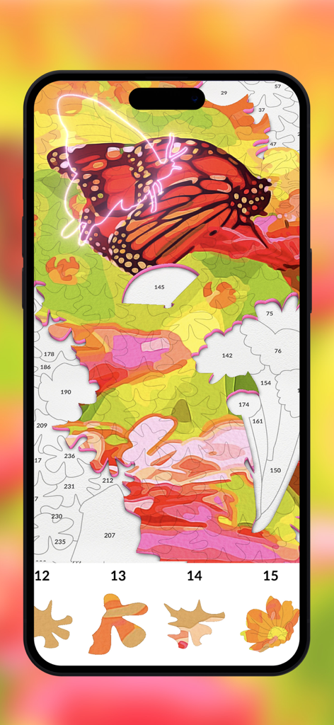 Jigsaw Puzzle by numbers - Mobile gameplay of Jigsaw Puzzle by Numbers showing a colorful butterfly puzzle being assembled with numbered pieces.