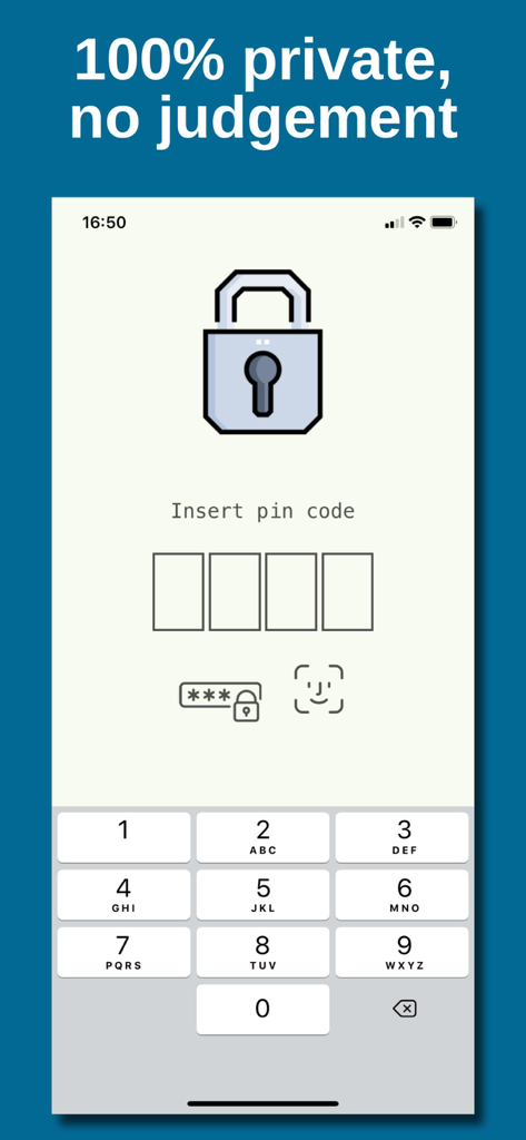 Secure PIN code lock screen with Face ID for a private journaling app