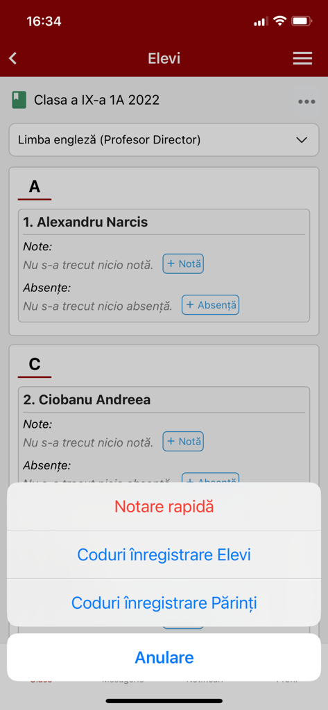 Catalog Viva - Catalog Viva app student management screen with quick grading and registration options for teachers