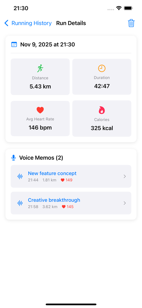 ThoughtRun app screen showing a run summary with fitness metrics and two recorded voice memos.