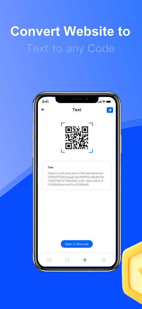 Smartphone displaying a QR code created from a website link in the QR Code Reader app.