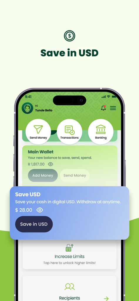 Mama Money - Send Money Home - Mama Money app interface featuring a digital wallet with a Save in USD option.