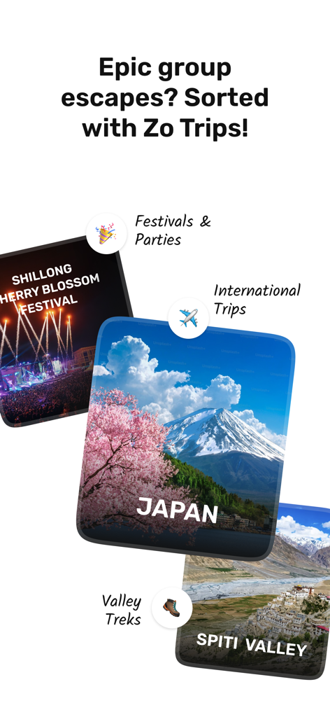 Zostel - Zo Trips - Zostel app screen showcasing curated group trips for festivals international travel and valley treks