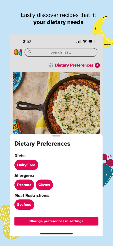 Der Bildschirm der Tasty-App zeigt Einstellungen für Ernährungspräferenzen, Allergene und Fleischbeschränkungen.