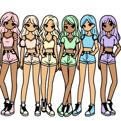 a group of girls wearing crop tops and shorts