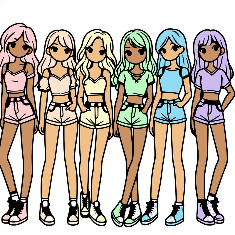 a group of girls wearing crop tops and shorts