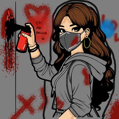 realistic girl with mask spray painting a wall