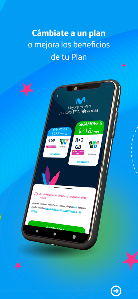 Movistar MX–Tu línea en la App - Gigamove 4 및 6과 같은 다양한 데이터 패키지로 휴대폰 요금제를 업그레이드하는 옵션을 보여주는 Movistar MX 앱의 모바일 화면입니다.