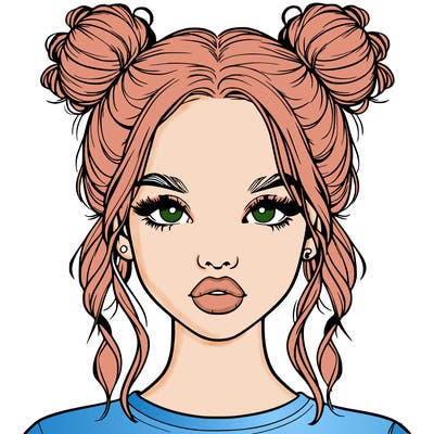 realistic girl with two buns in hair and lips