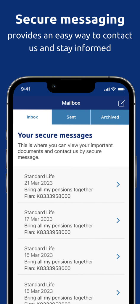 Interface de boîte aux lettres de l'application Standard Life affichant des messages sécurisés concernant les retraites.