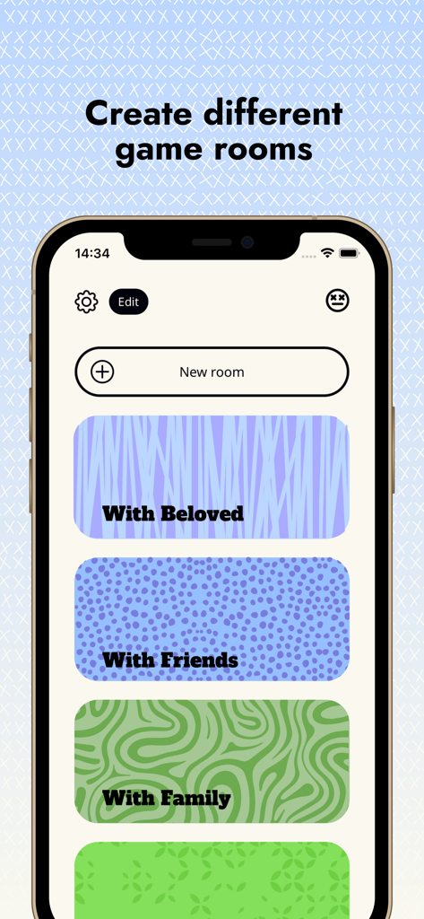Interfaz que muestra salas de juego personalizables para amigos y familiares en la aplicación 5 Second Rule.