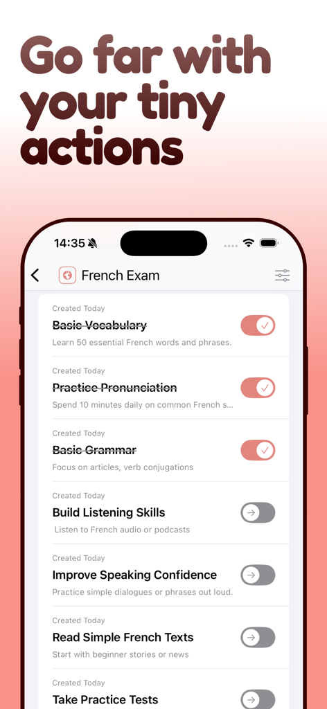 A screenshot of the Aim app showing a goal titled French Exam broken down into smaller tasks like Basic Vocabulary and Practice Pronunciation with toggle switches for completion.