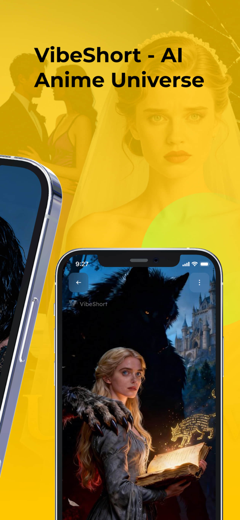 VibeShort: AI Comic Dramas - VibeShort App-Oberfläche, die ein KI-generiertes Fantasy-Comic-Drama mit einer Frau und einem riesigen Wolf zeigt